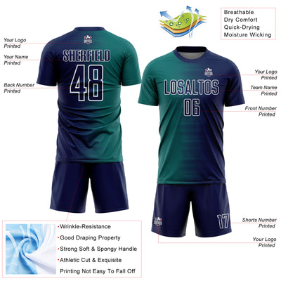 Custom Navy Teal-White Gradient Line Sublimation Soccer Uniform Jersey
