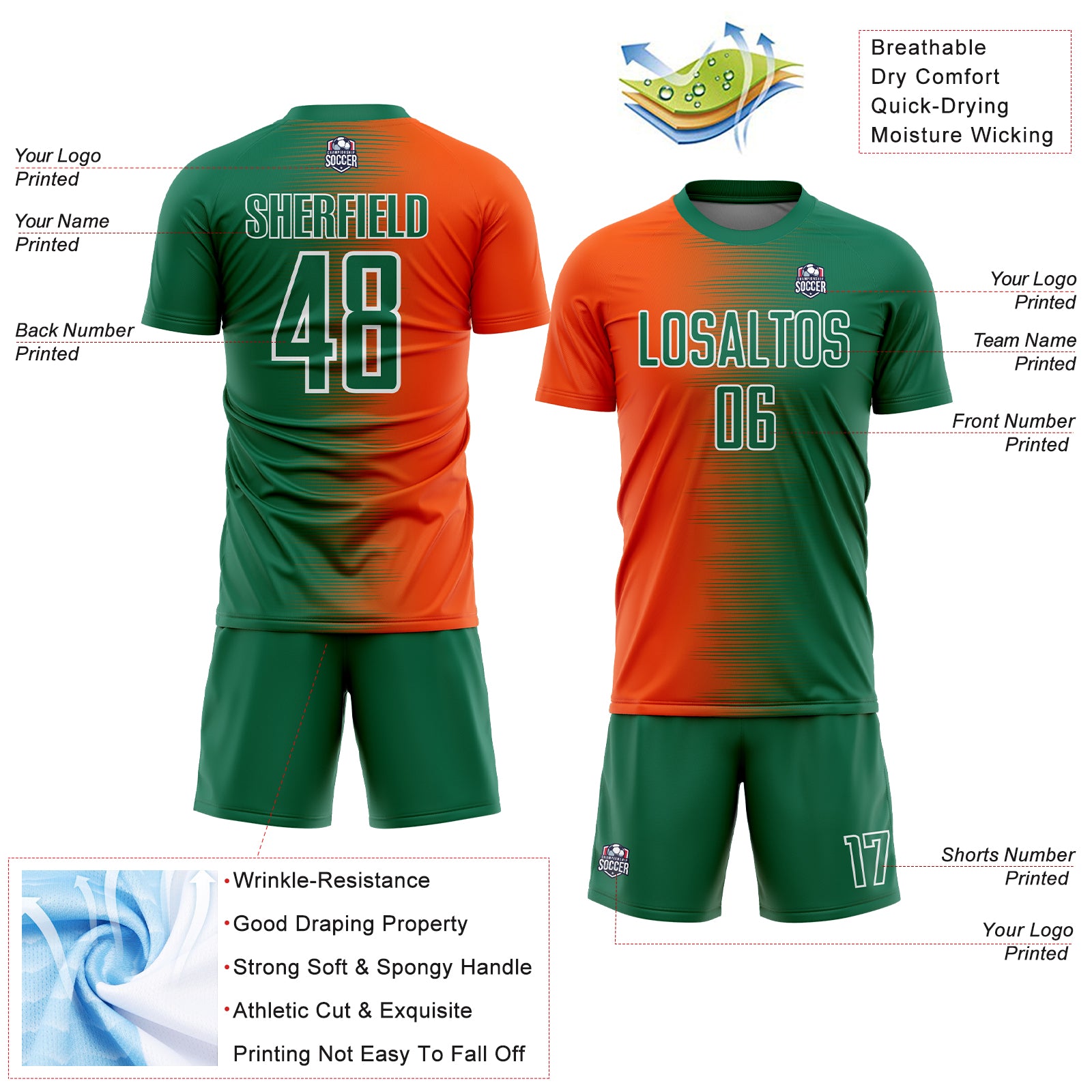 Custom Kelly Green Orange-White Gradient Line Sublimation Soccer Uniform Jersey