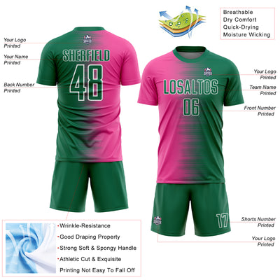 Custom Kelly Green Pink-White Gradient Line Sublimation Soccer Uniform Jersey