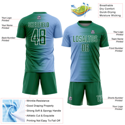 Custom Kelly Green Light Blue-White Gradient Line Sublimation Soccer Uniform Jersey