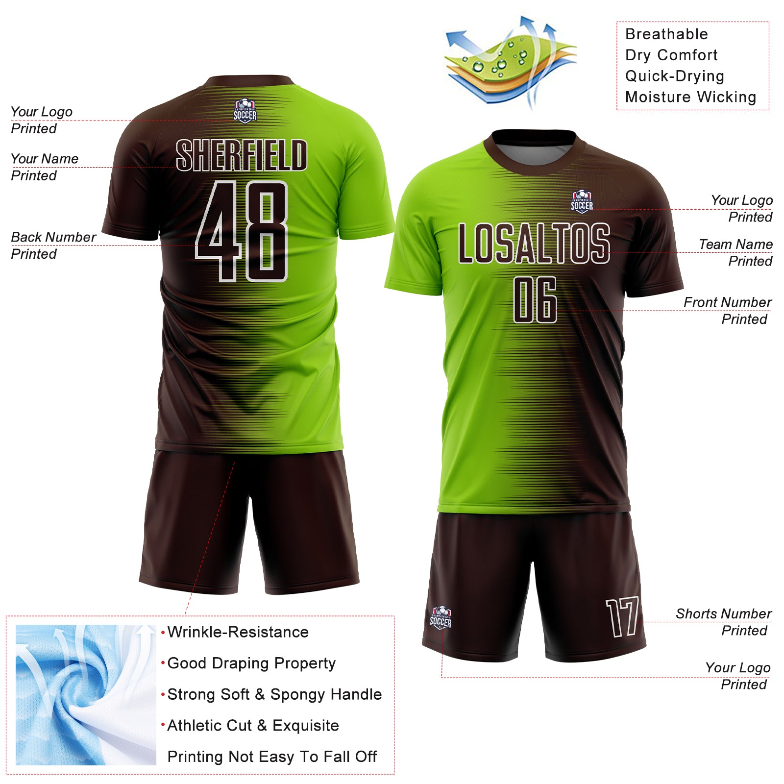 Custom Brown Neon Green-White Gradient Line Sublimation Soccer Uniform Jersey