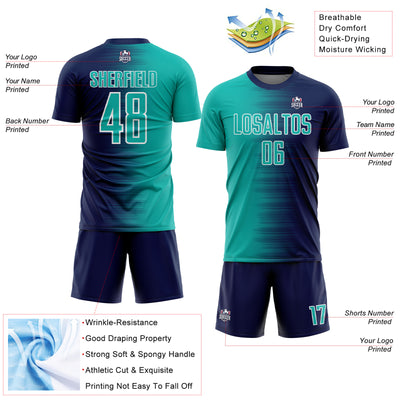 Custom Navy Aqua-White Gradient Line Sublimation Soccer Uniform Jersey