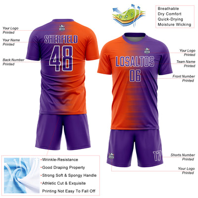 Custom Purple Orange-White Gradient Line Sublimation Soccer Uniform Jersey