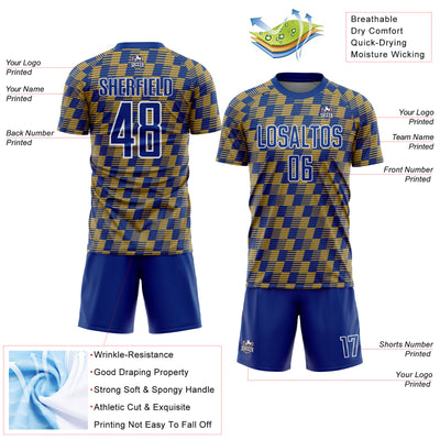 Custom Royal Old Gold-White Line Sublimation Soccer Uniform Jersey