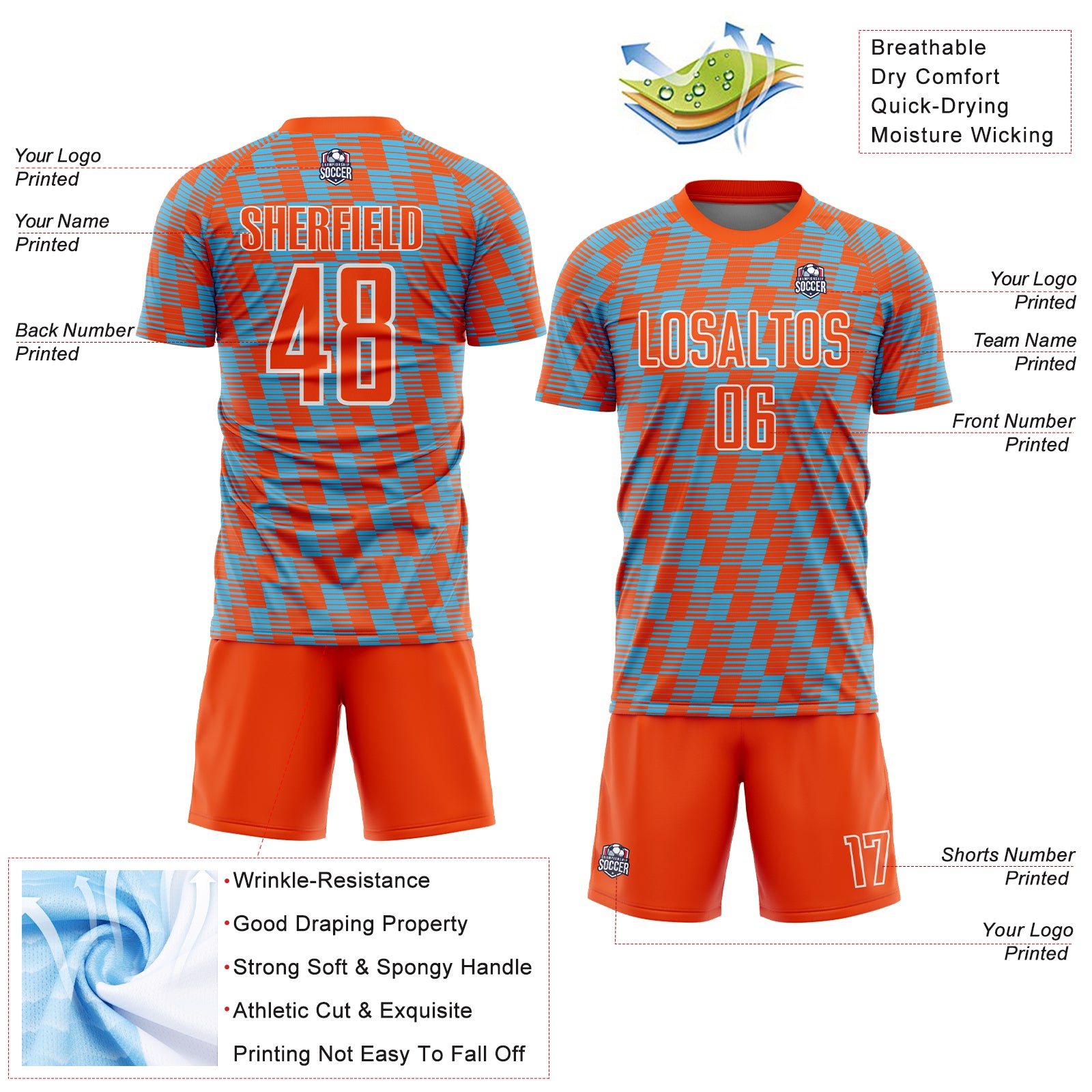 Custom Orange Sky Blue-White Line Sublimation Soccer Uniform Jersey