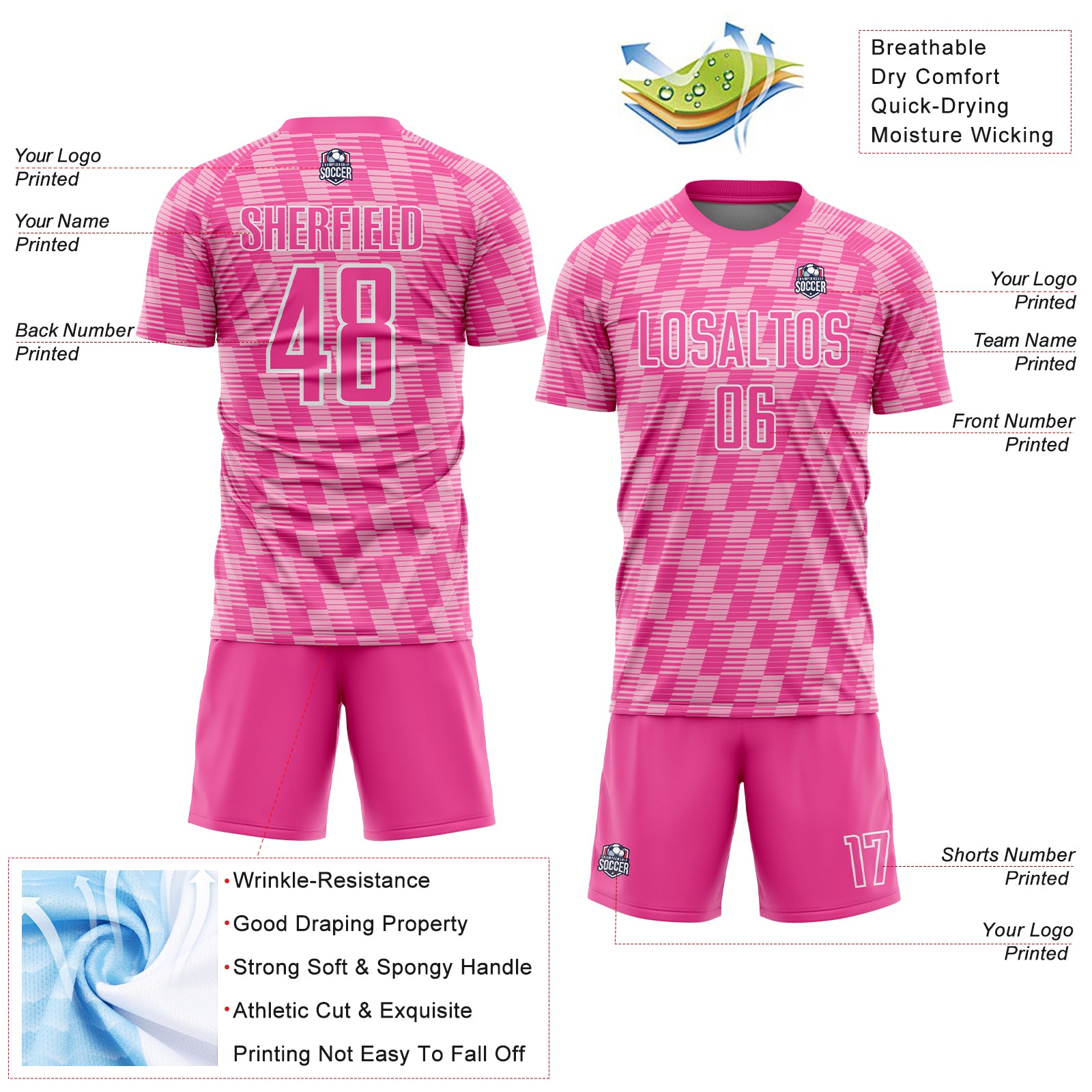 Custom Pink Light Pink-White Line Sublimation Soccer Uniform Jersey