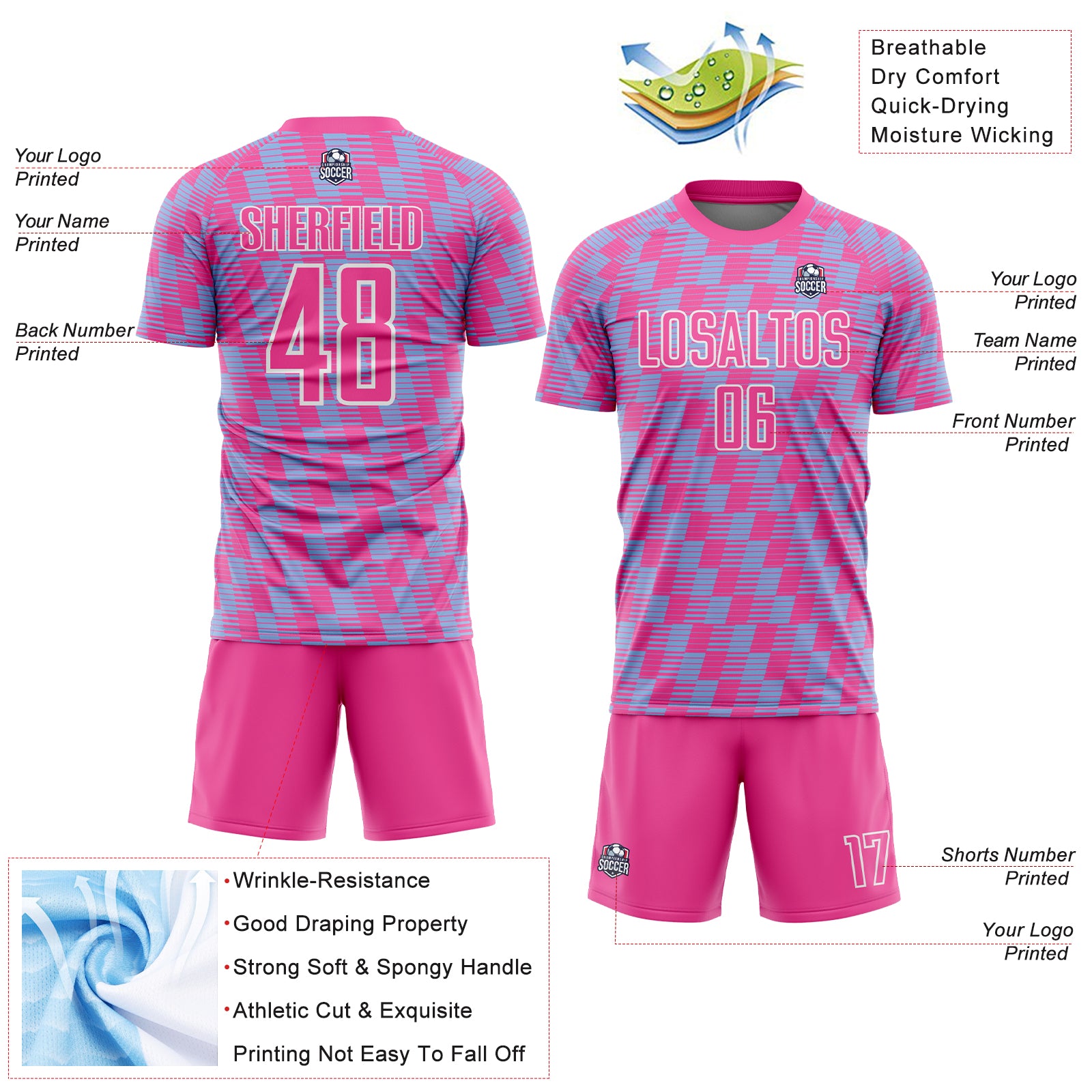 Custom Pink Light Blue-White Line Sublimation Soccer Uniform Jersey