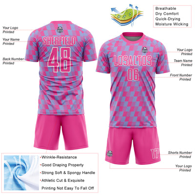 Custom Pink Light Blue-White Line Sublimation Soccer Uniform Jersey