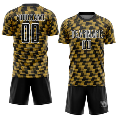 Custom Black Old Gold-White Line Sublimation Soccer Uniform Jersey