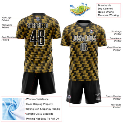Custom Black Old Gold-White Line Sublimation Soccer Uniform Jersey