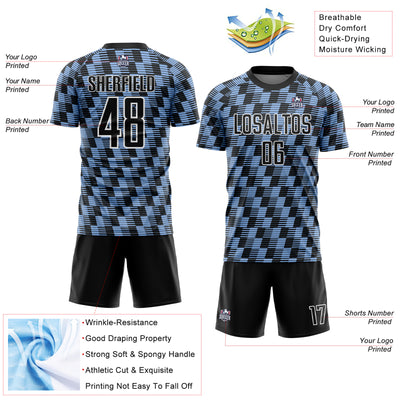 Custom Black Light Blue-White Line Sublimation Soccer Uniform Jersey