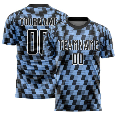 Custom Black Light Blue-White Line Sublimation Soccer Uniform Jersey