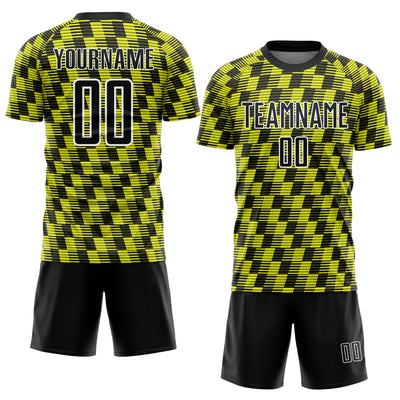 Custom Black Neon Yellow-White Line Sublimation Soccer Uniform Jersey