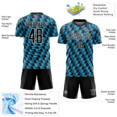 Custom Black Sky Blue-White Line Sublimation Soccer Uniform Jersey