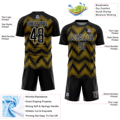 Custom Black Yellow-White Line Sublimation Soccer Uniform Jersey