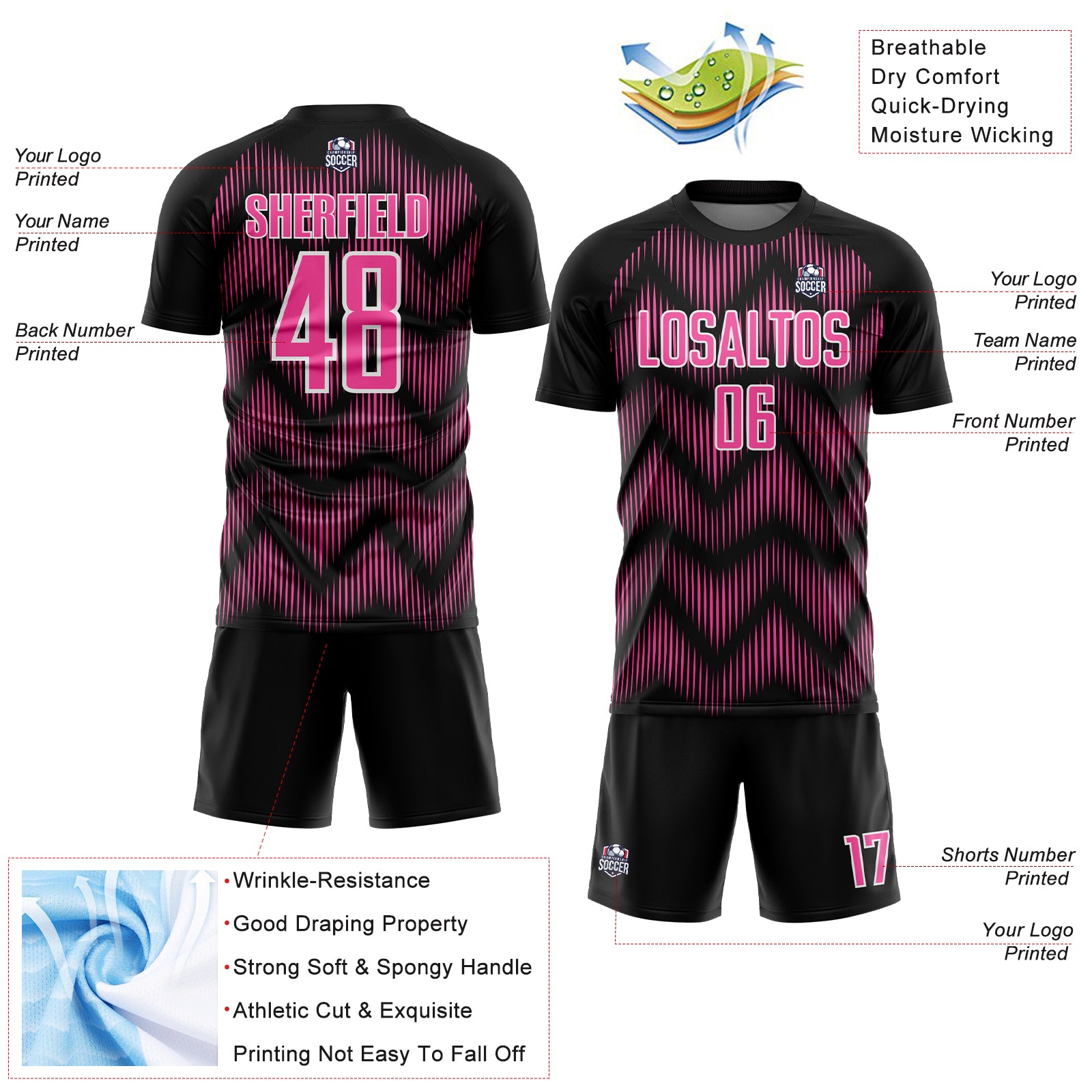 Custom Black Pink-White Line Sublimation Soccer Uniform Jersey