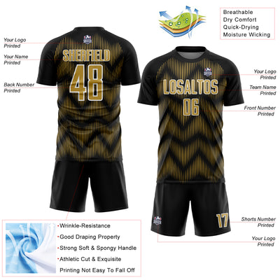 Custom Black Old Gold-White Line Sublimation Soccer Uniform Jersey