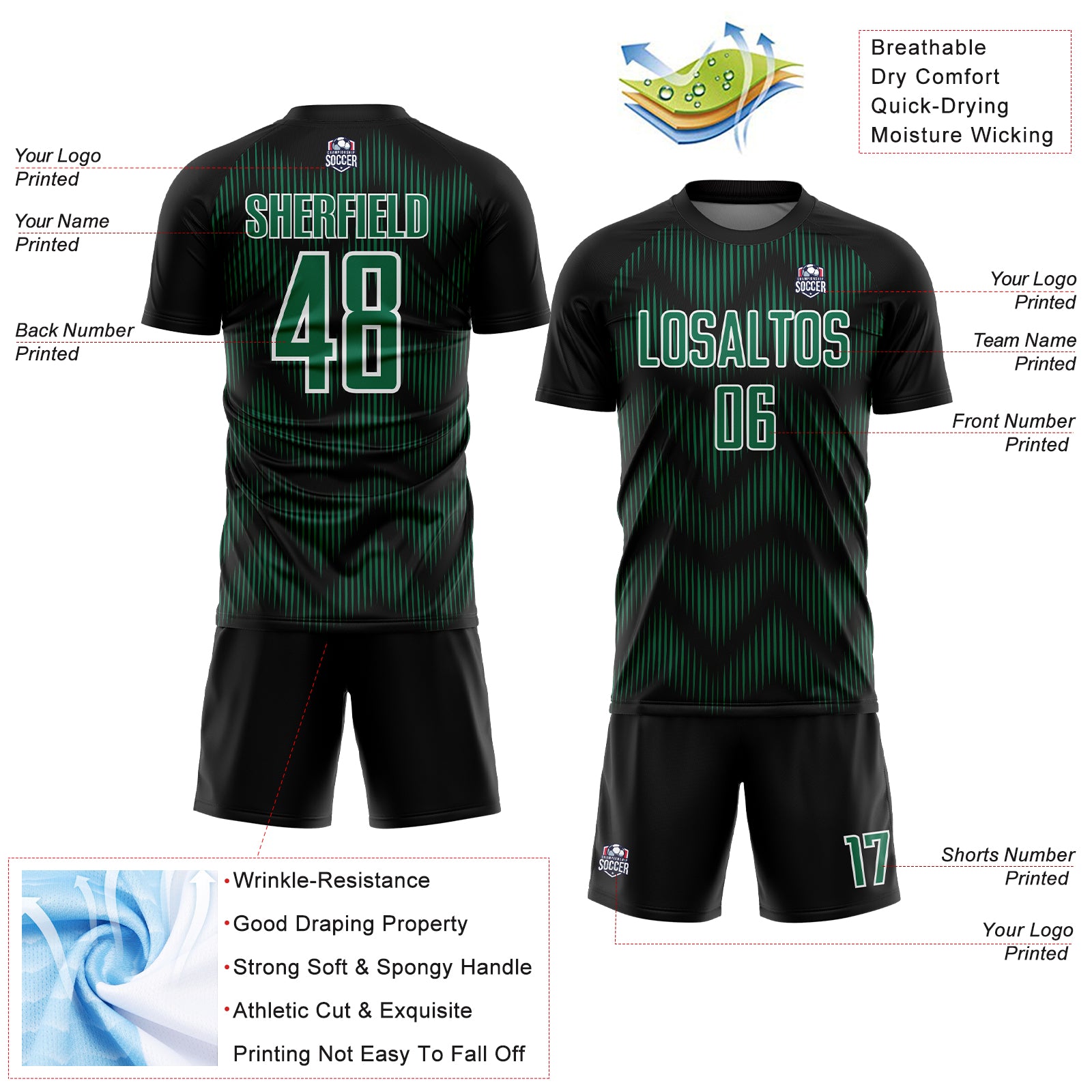 Custom Black Kelly Green-White Line Sublimation Soccer Uniform Jersey