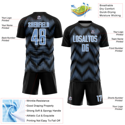 Custom Black Light Blue-White Line Sublimation Soccer Uniform Jersey