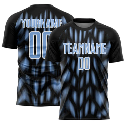 Custom Black Light Blue-White Line Sublimation Soccer Uniform Jersey
