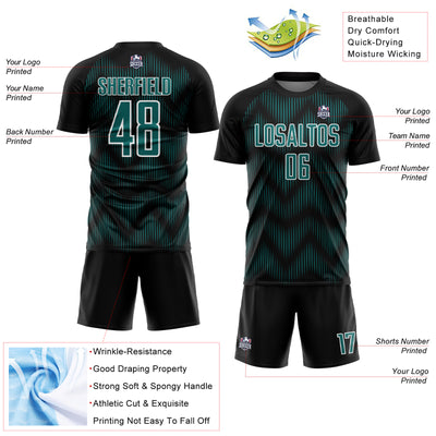 Custom Black Teal-White Line Sublimation Soccer Uniform Jersey