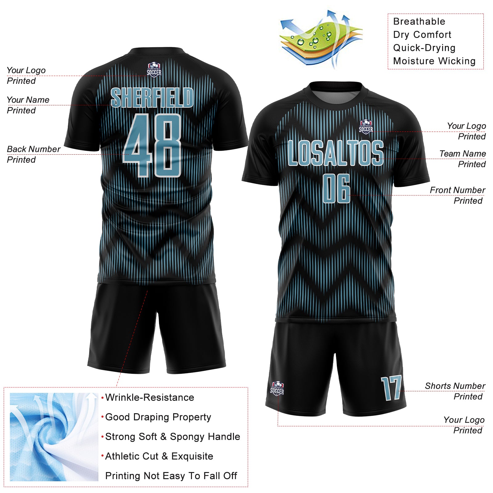 Custom Black Shadow Blue-White Line Sublimation Soccer Uniform Jersey