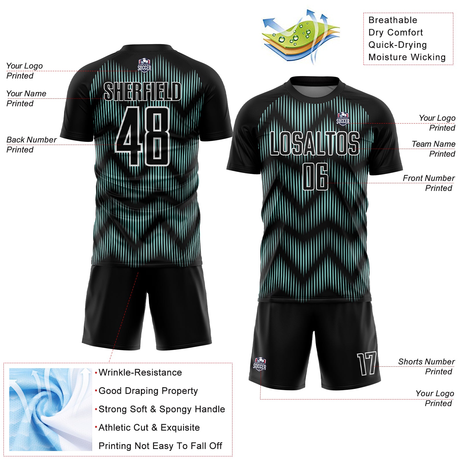 Custom Black Ice Blue-White Line Sublimation Soccer Uniform Jersey