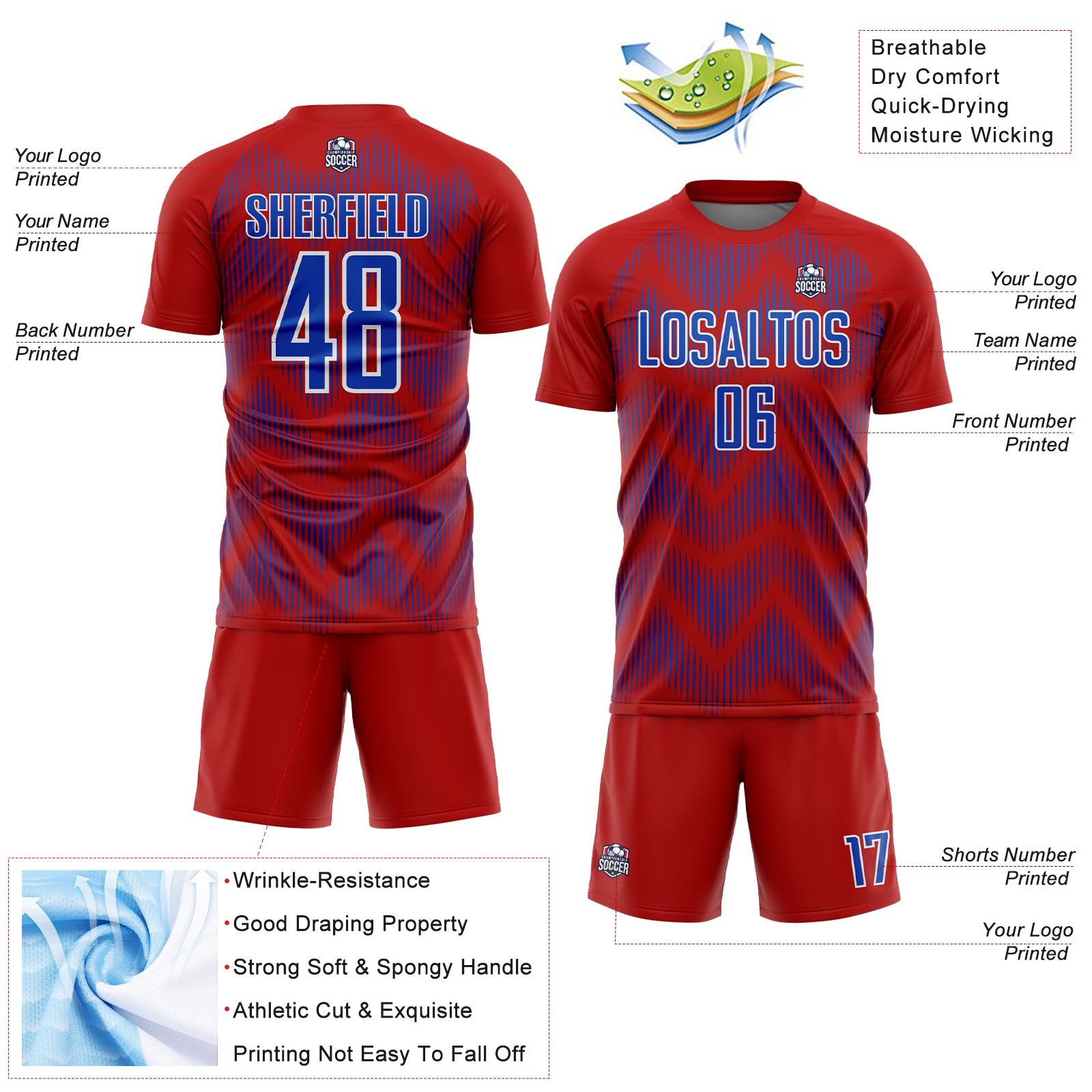 Custom Red Thunder Blue-White Line Sublimation Soccer Uniform Jersey