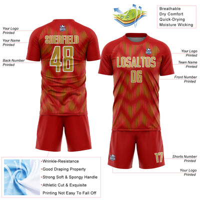 Custom Red Old Gold-White Line Sublimation Soccer Uniform Jersey