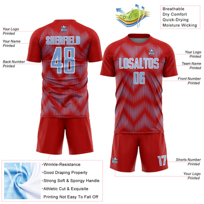 Custom Red Light Blue-White Line Sublimation Soccer Uniform Jersey
