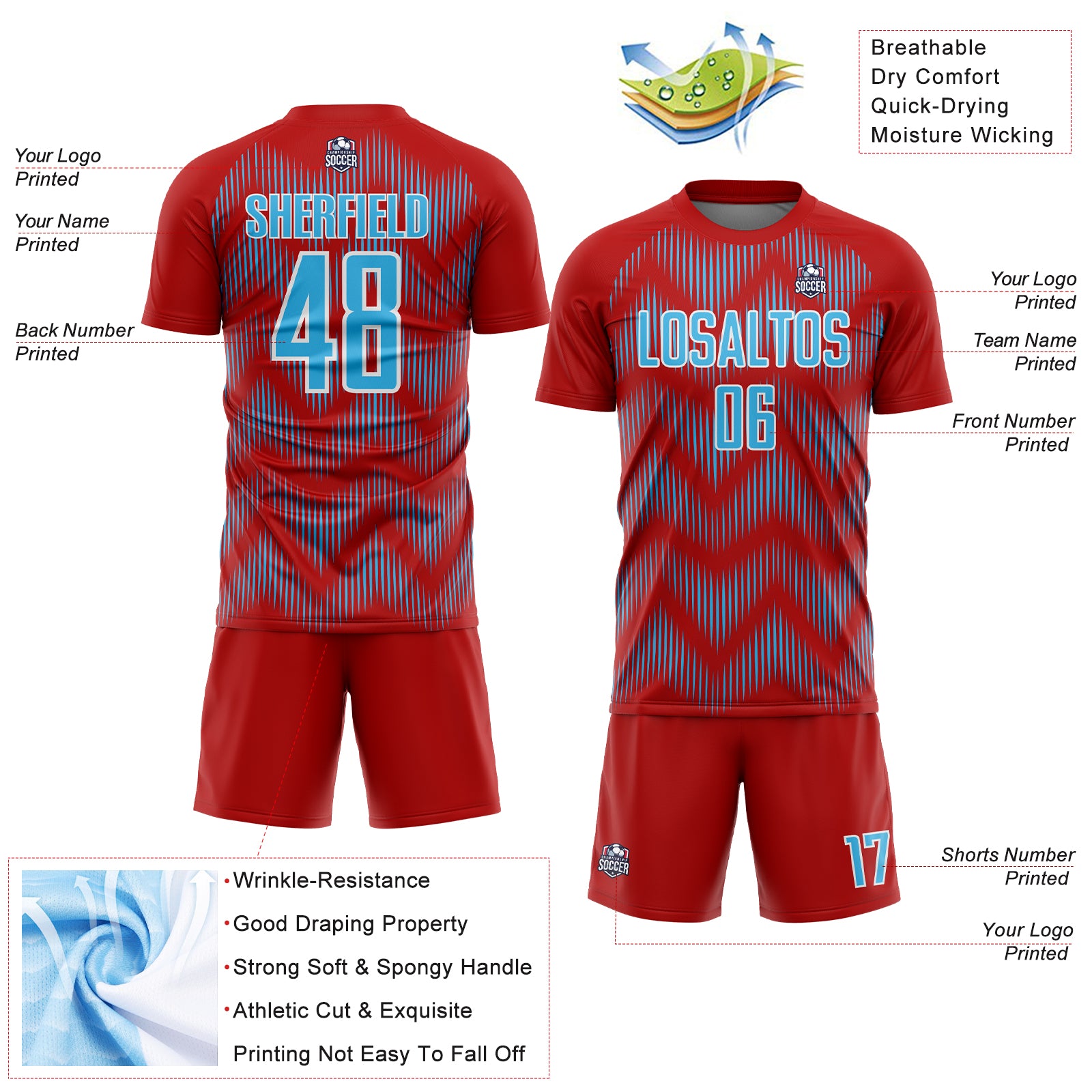 Custom Red Sky Blue-White Line Sublimation Soccer Uniform Jersey