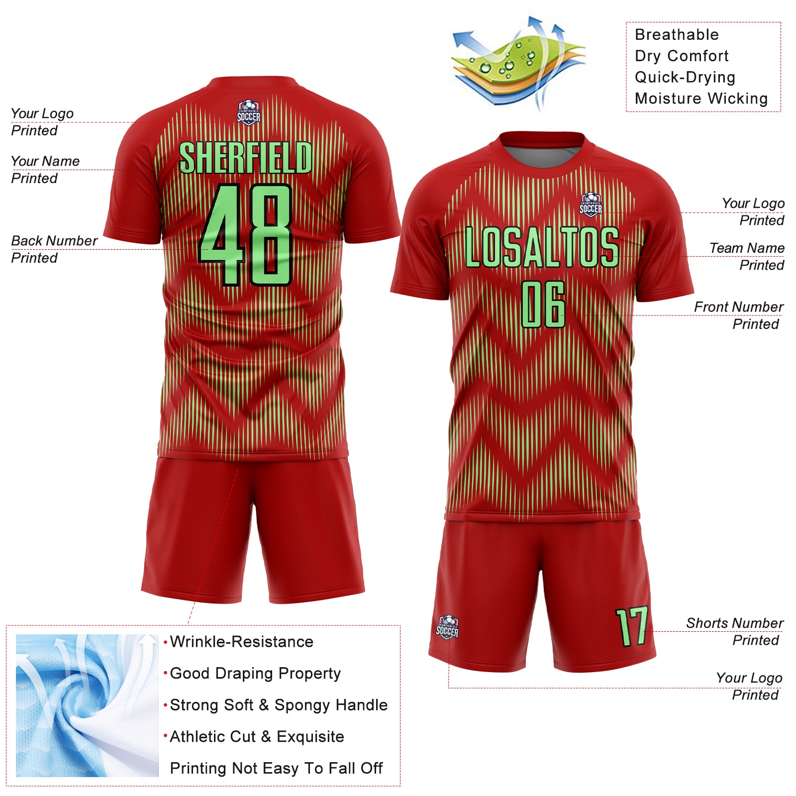 Custom Red Pea Green-Black Line Sublimation Soccer Uniform Jersey