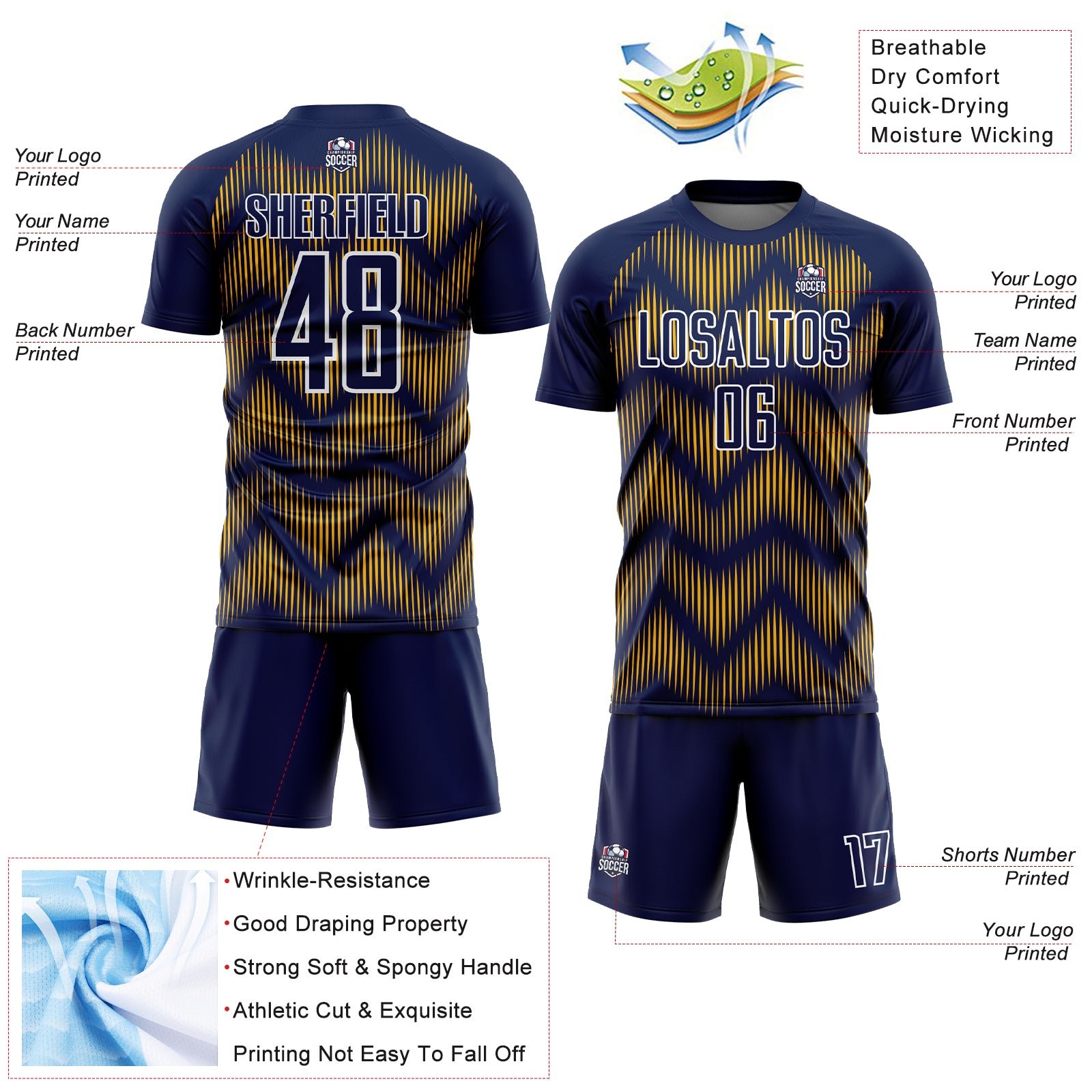 Custom Navy Gold-White Line Sublimation Soccer Uniform Jersey