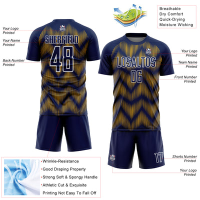 Custom Navy Gold-White Line Sublimation Soccer Uniform Jersey