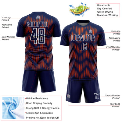 Custom Navy Orange-White Line Sublimation Soccer Uniform Jersey