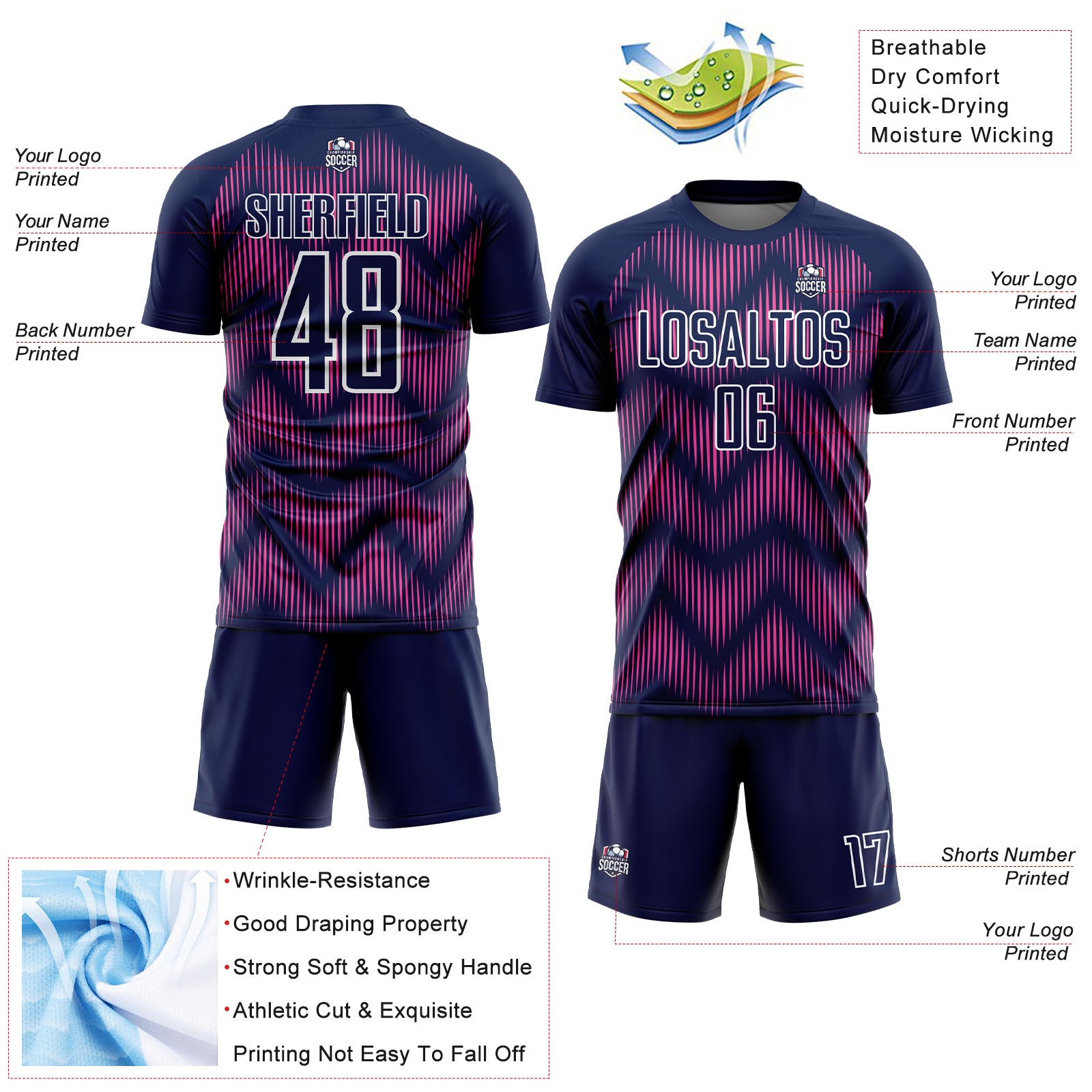 Custom Navy Pink-White Line Sublimation Soccer Uniform Jersey