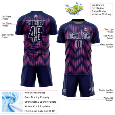 Custom Navy Pink-White Line Sublimation Soccer Uniform Jersey