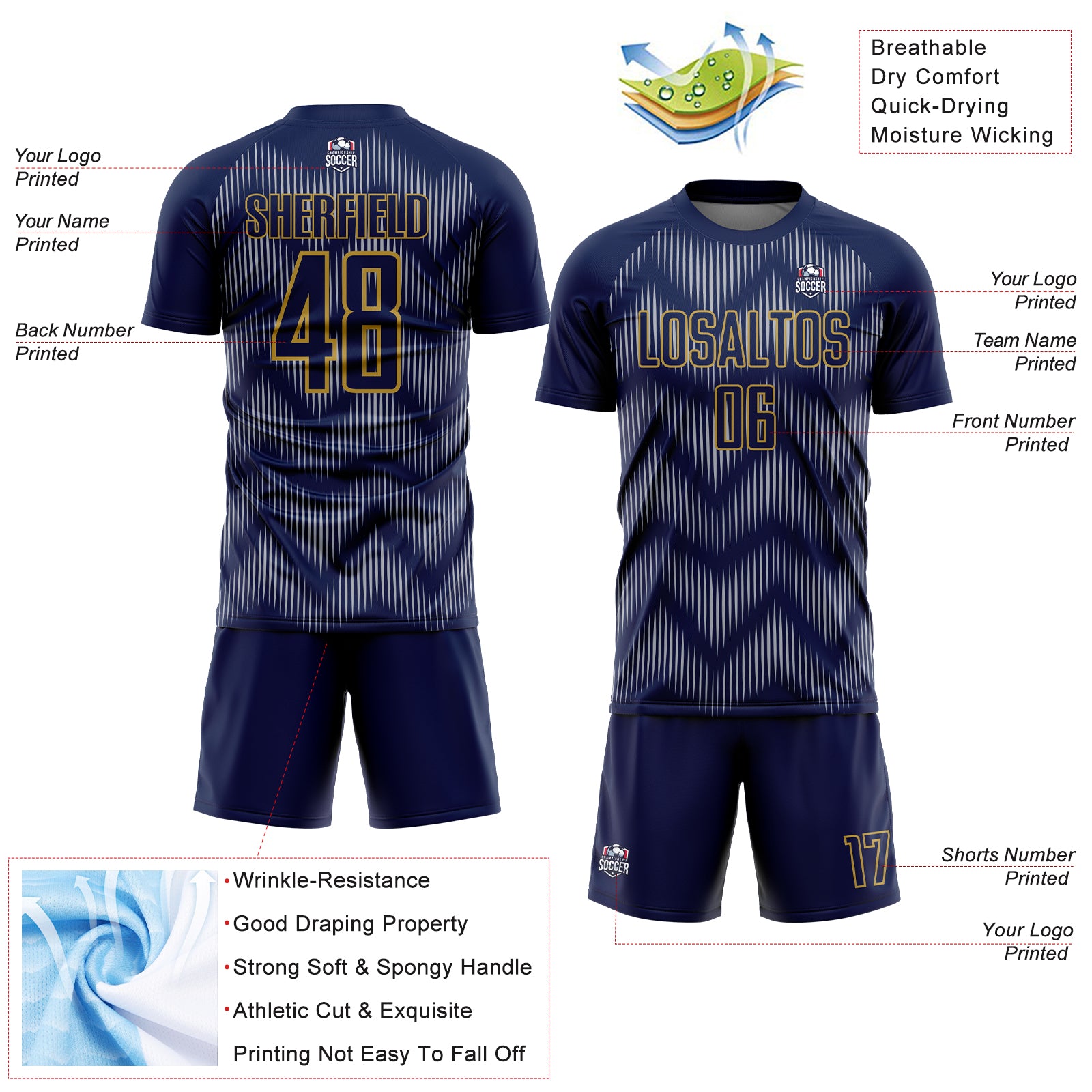 Custom Navy Gray-Old Gold Line Sublimation Soccer Uniform Jersey