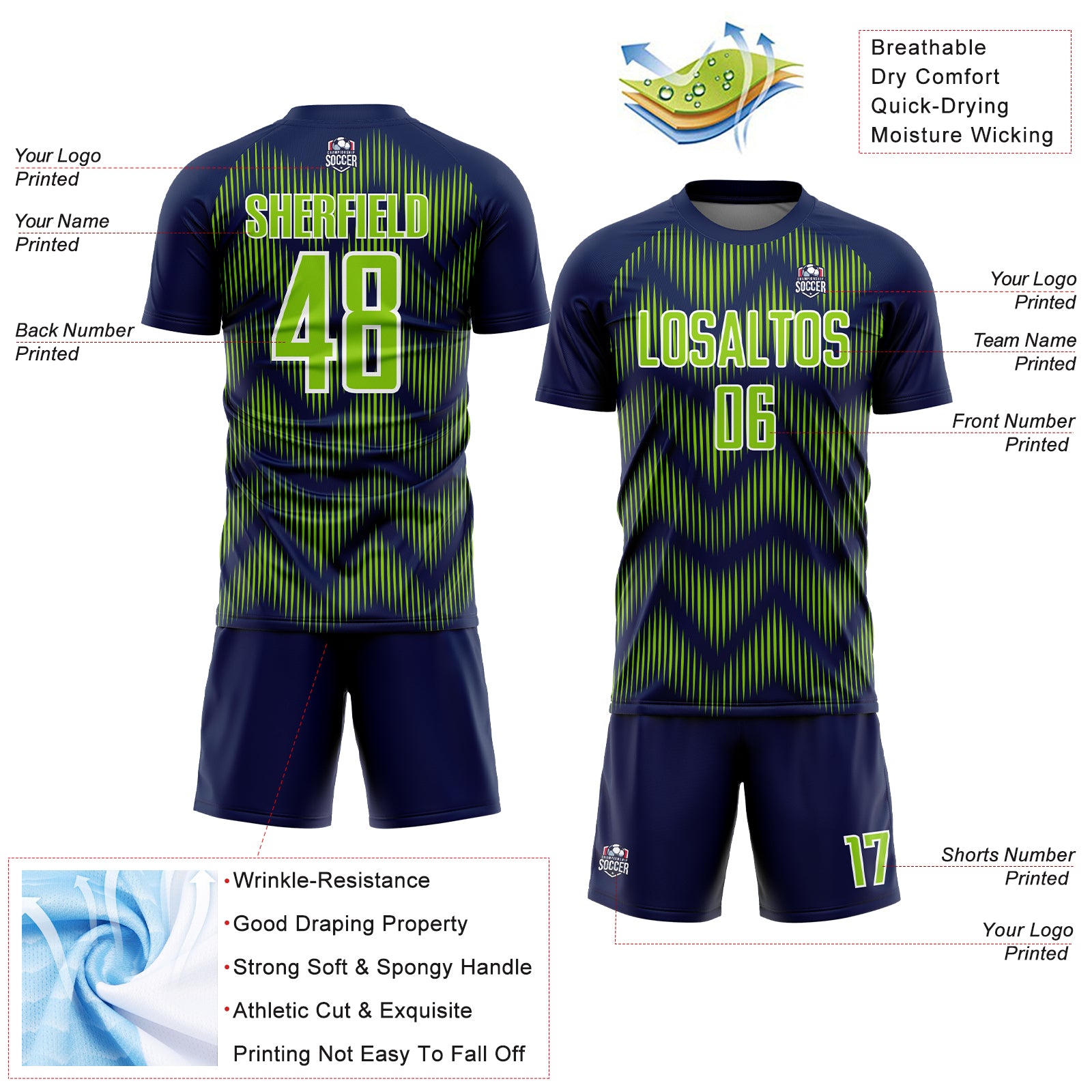Custom Navy Neon Green-White Line Sublimation Soccer Uniform Jersey