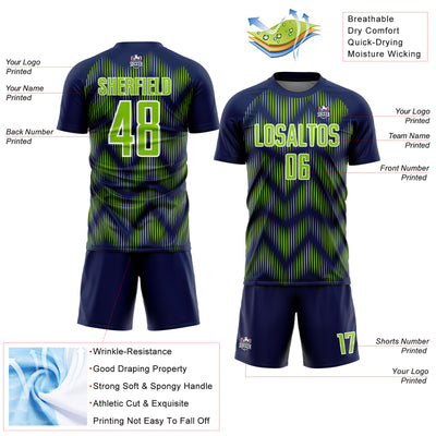 Custom Navy Neon Green-White Line Sublimation Soccer Uniform Jersey