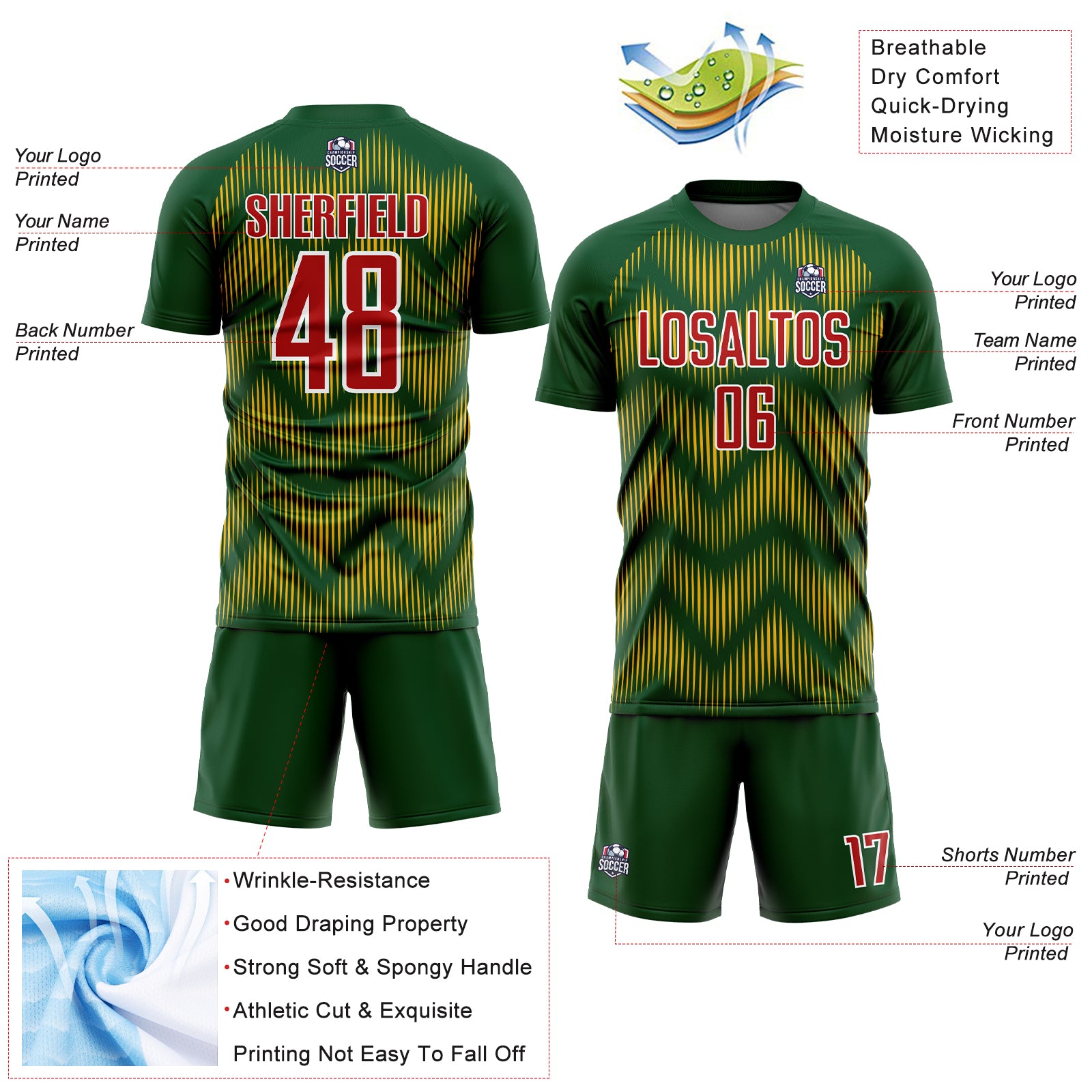 Custom Green Red-Gold Line Sublimation Soccer Uniform Jersey