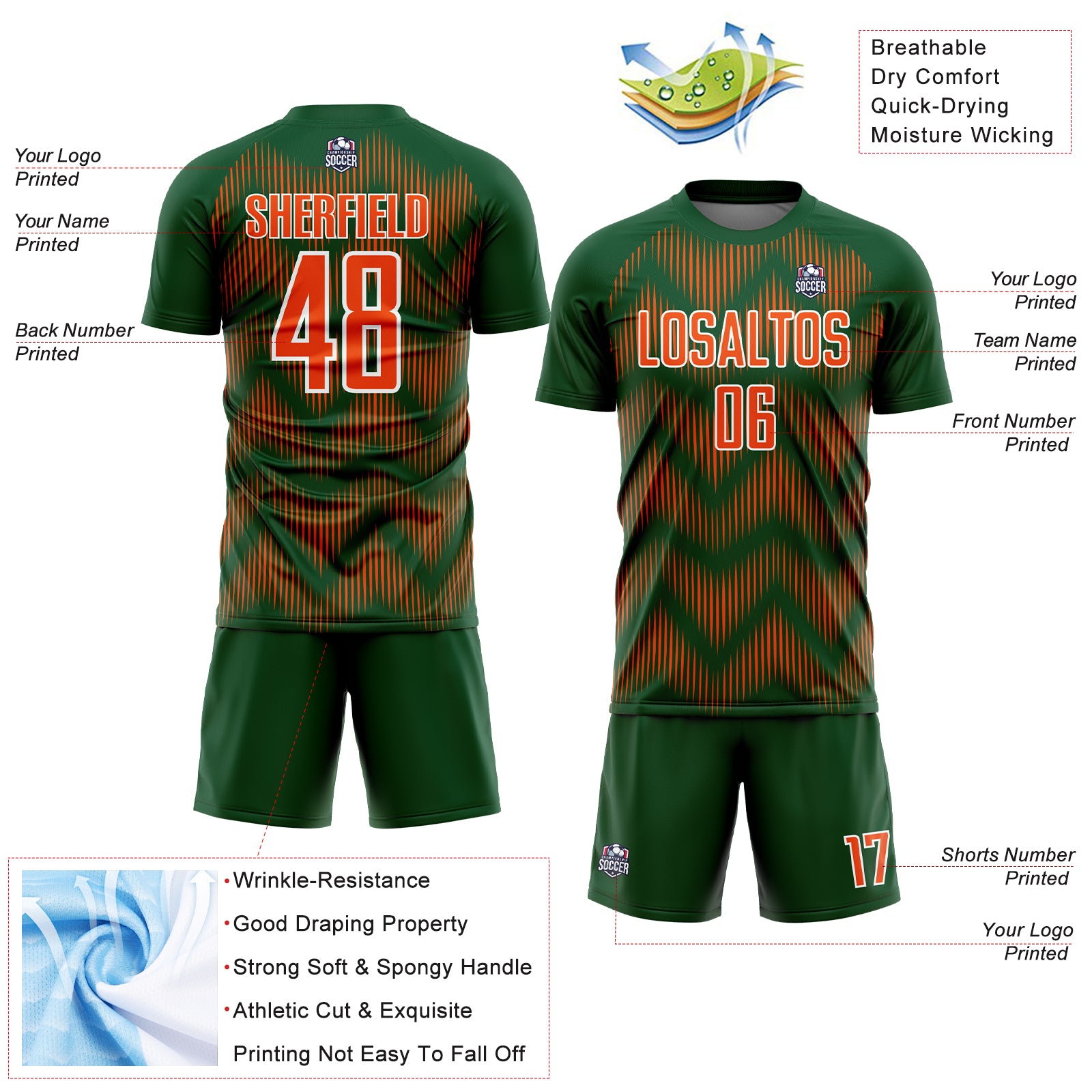 Custom Green Orange-White Line Sublimation Soccer Uniform Jersey