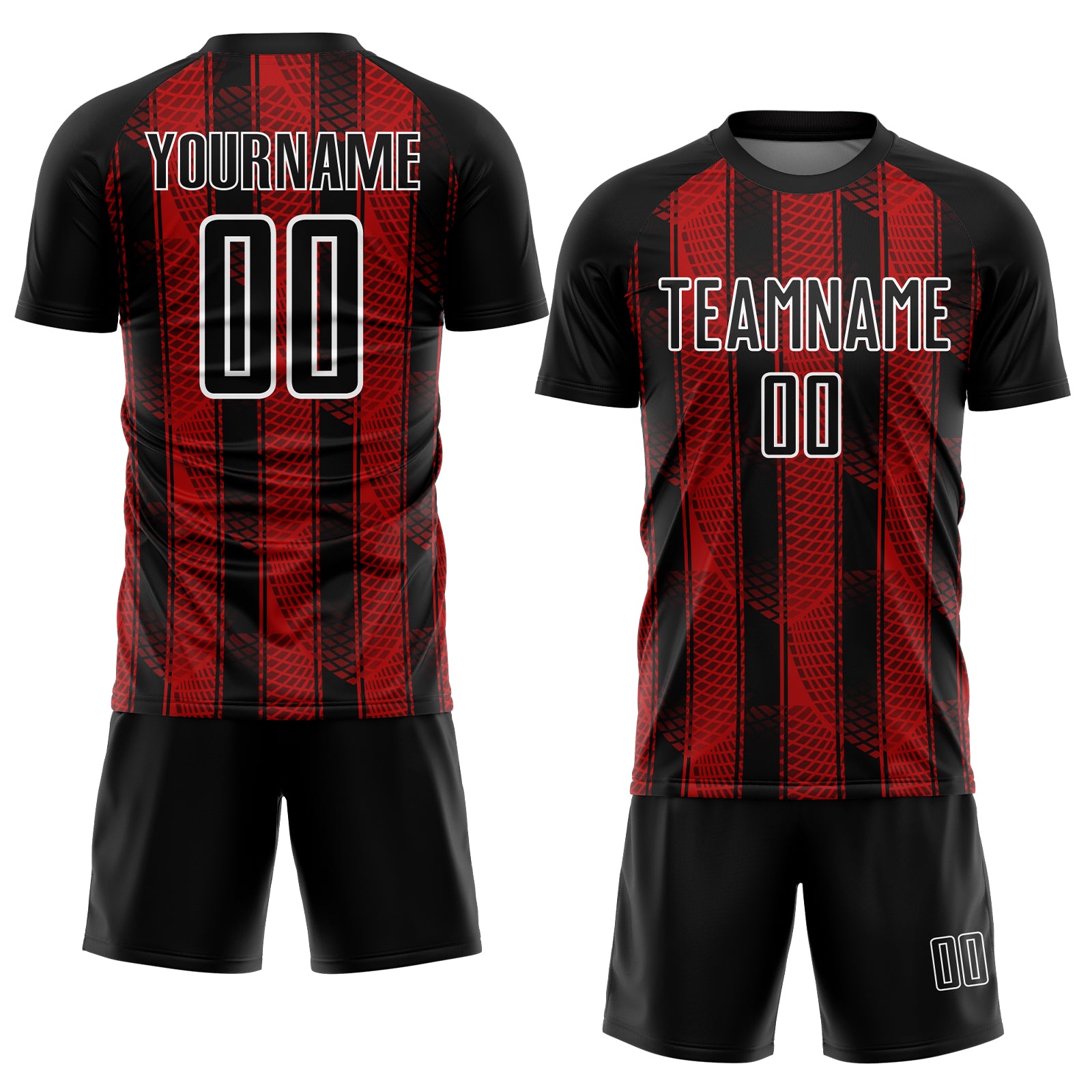 Custom Black Red-White Abstract Network Sublimation Soccer Uniform Jersey