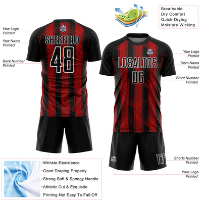 Custom Black Red-White Abstract Network Sublimation Soccer Uniform Jersey