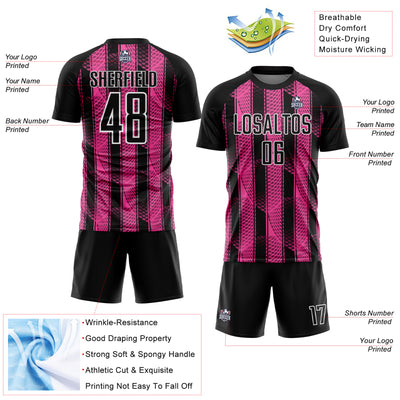 Custom Black Pink-White Abstract Network Sublimation Soccer Uniform Jersey