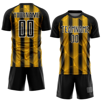 Custom Black Gold-White Abstract Network Sublimation Soccer Uniform Jersey