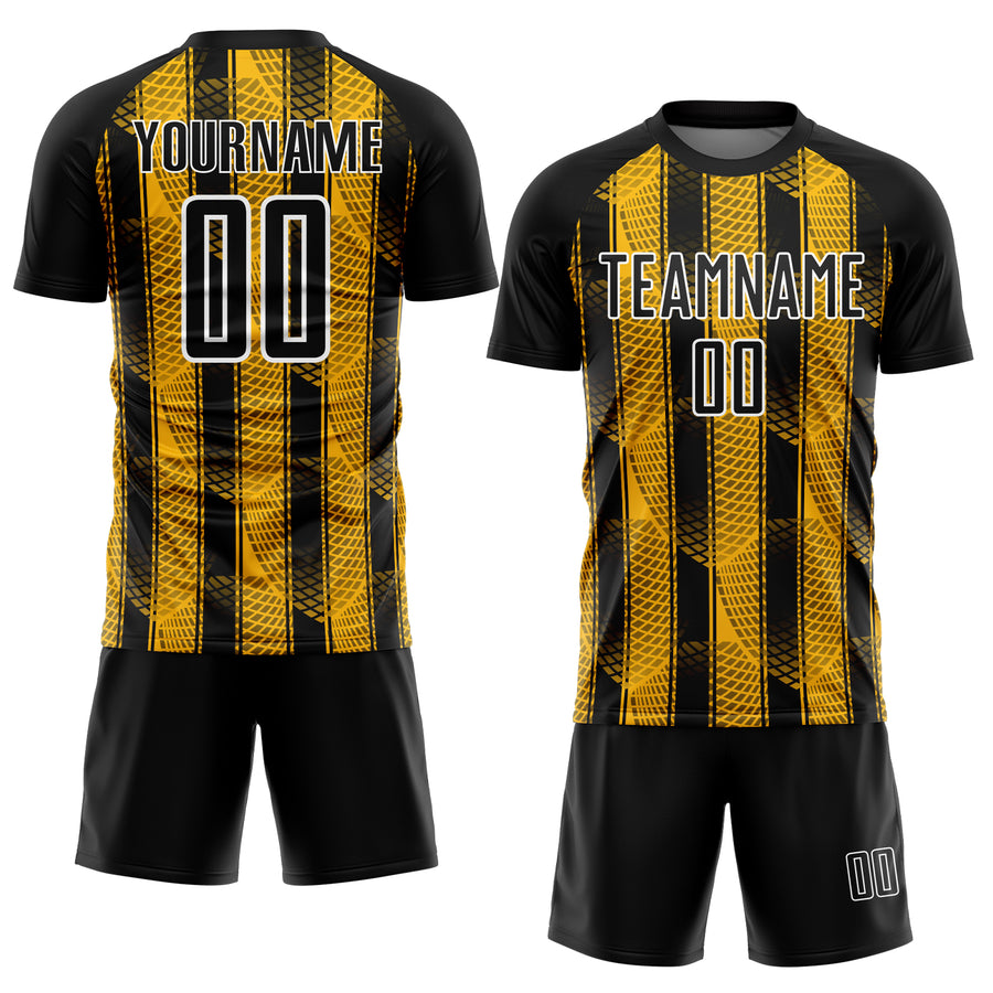 Custom Black Gold-White Abstract Network Sublimation Soccer Uniform Jersey