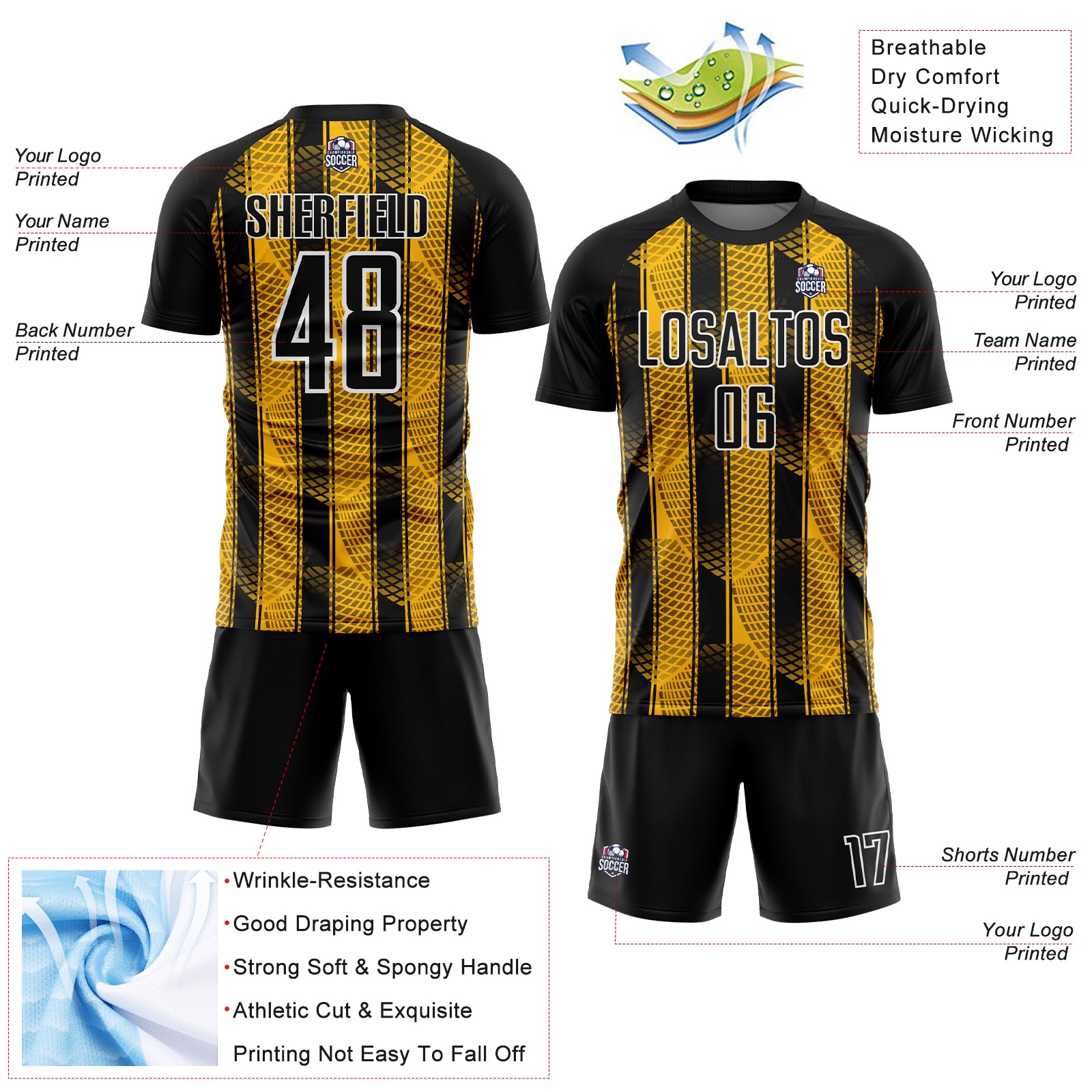 Custom Black Gold-White Abstract Network Sublimation Soccer Uniform Jersey