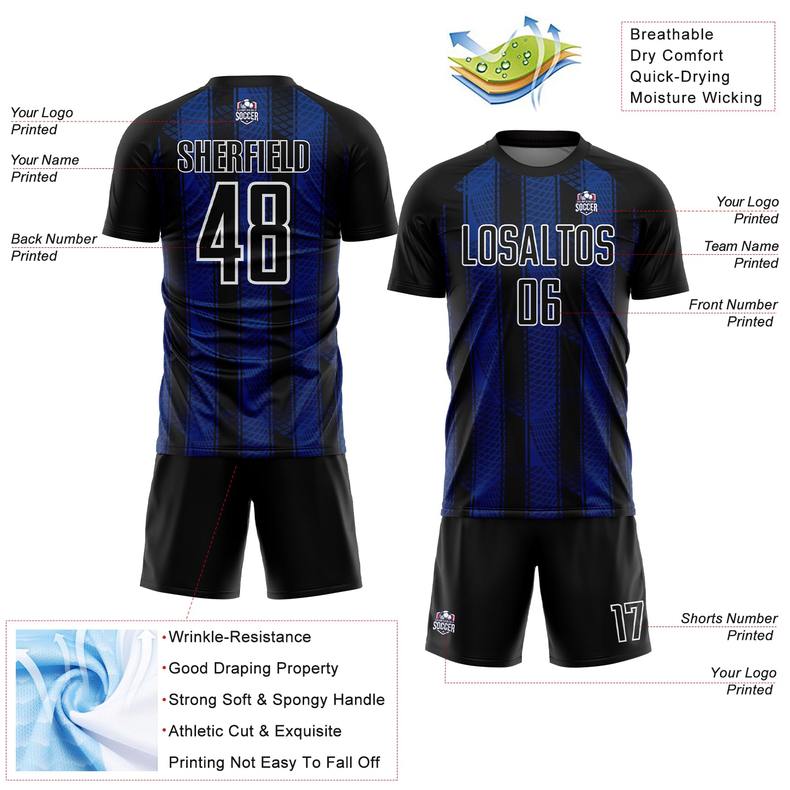 Custom Black Royal-White Abstract Network Sublimation Soccer Uniform Jersey