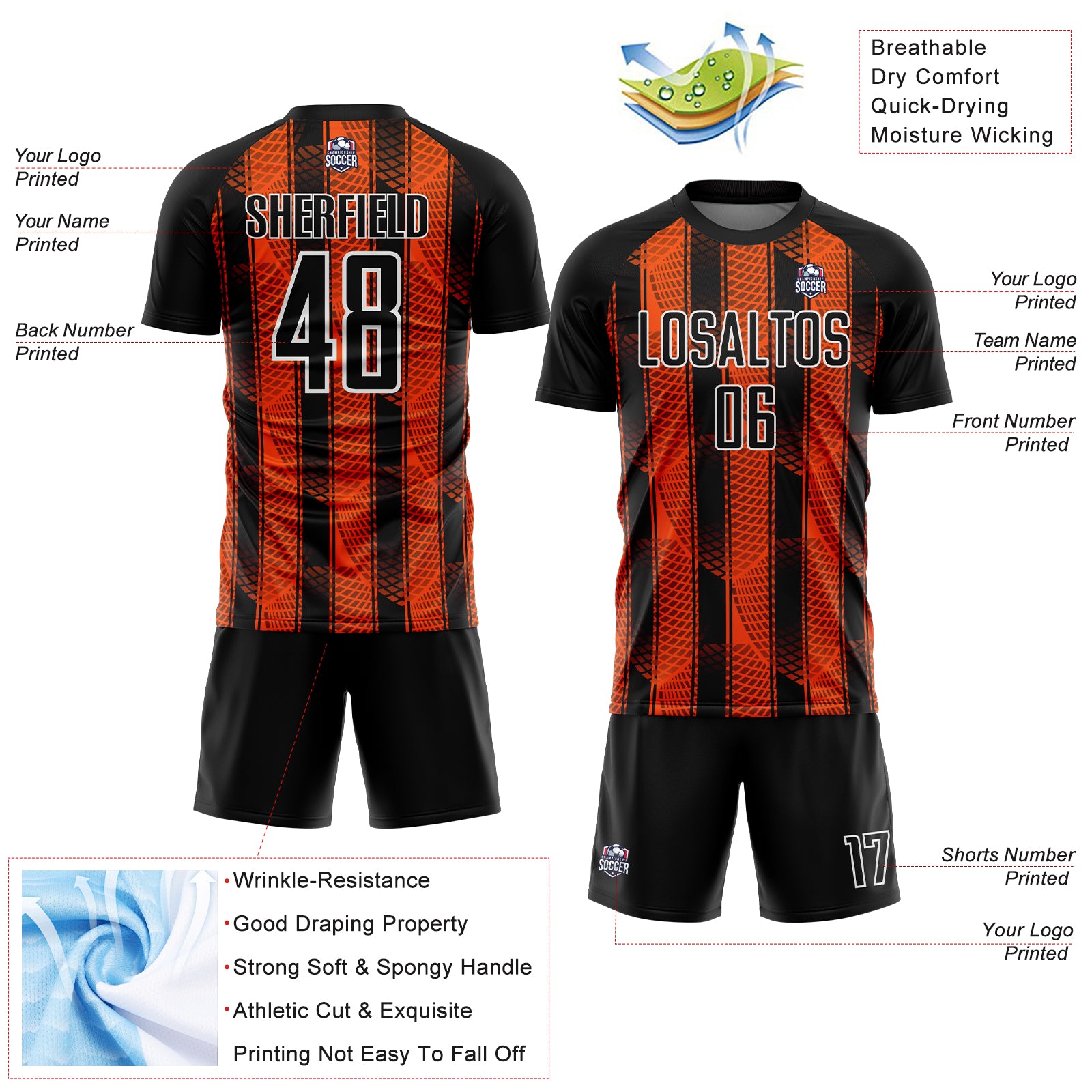 Custom Black Orange-White Abstract Network Sublimation Soccer Uniform Jersey